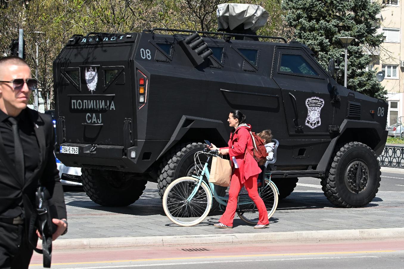 Police guard the Palace of the Republic prior visit of Donald Trump Jr. and meetings with representatives of the authorities of the Republika Srpska, in Banja Luka, Bosnia, Tuesday, April 7, 2026. (AP Photo/Radivoje Pavicic)