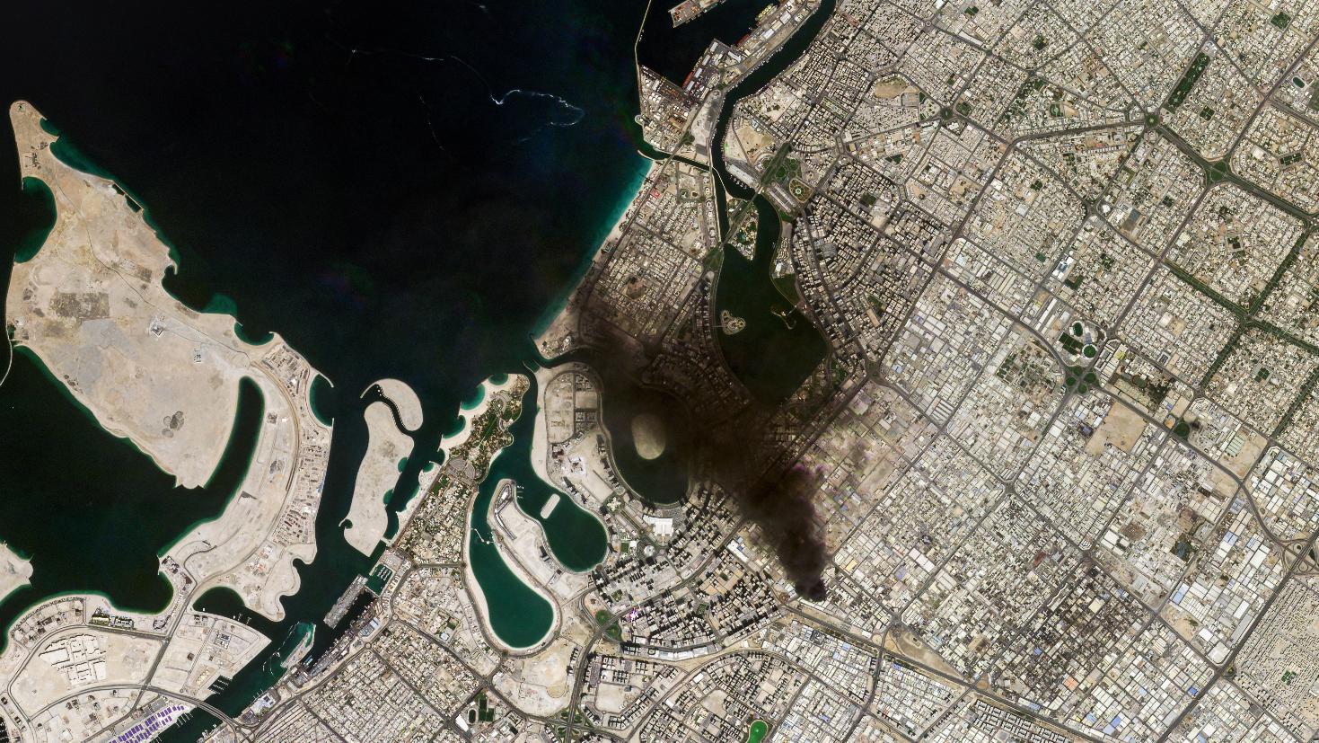This satellite image provided by Planet Labs PBC shows Dubai, United Arab Emirates, on Sunday, March 1, 2026. (Planet Labs PBC via AP)