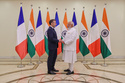 Indian Prime Minister Narendra Modi, right, welcomes French President Emmanuel Macron in Mumbai, India, Tuesday, Feb.17, 2026. (Indian Prime Minister Office via AP)