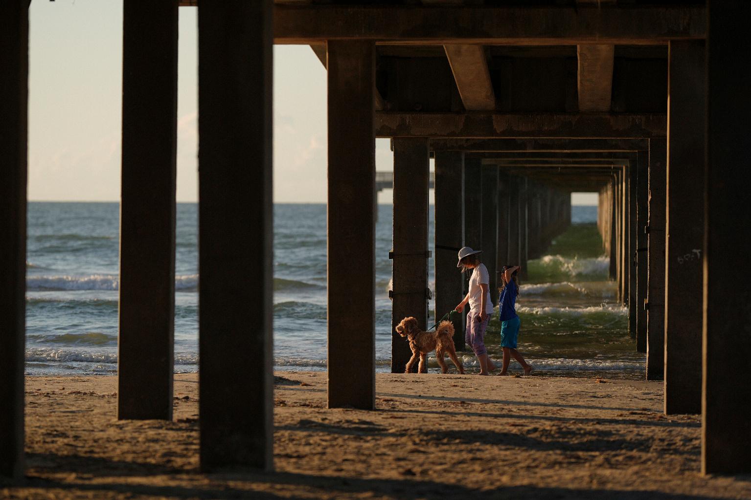 FILE - A woman walks her dog along the beach as the sun rises in Port Aransas, Aug. 12, 2025. (AP Photo/Eric Gay, File)