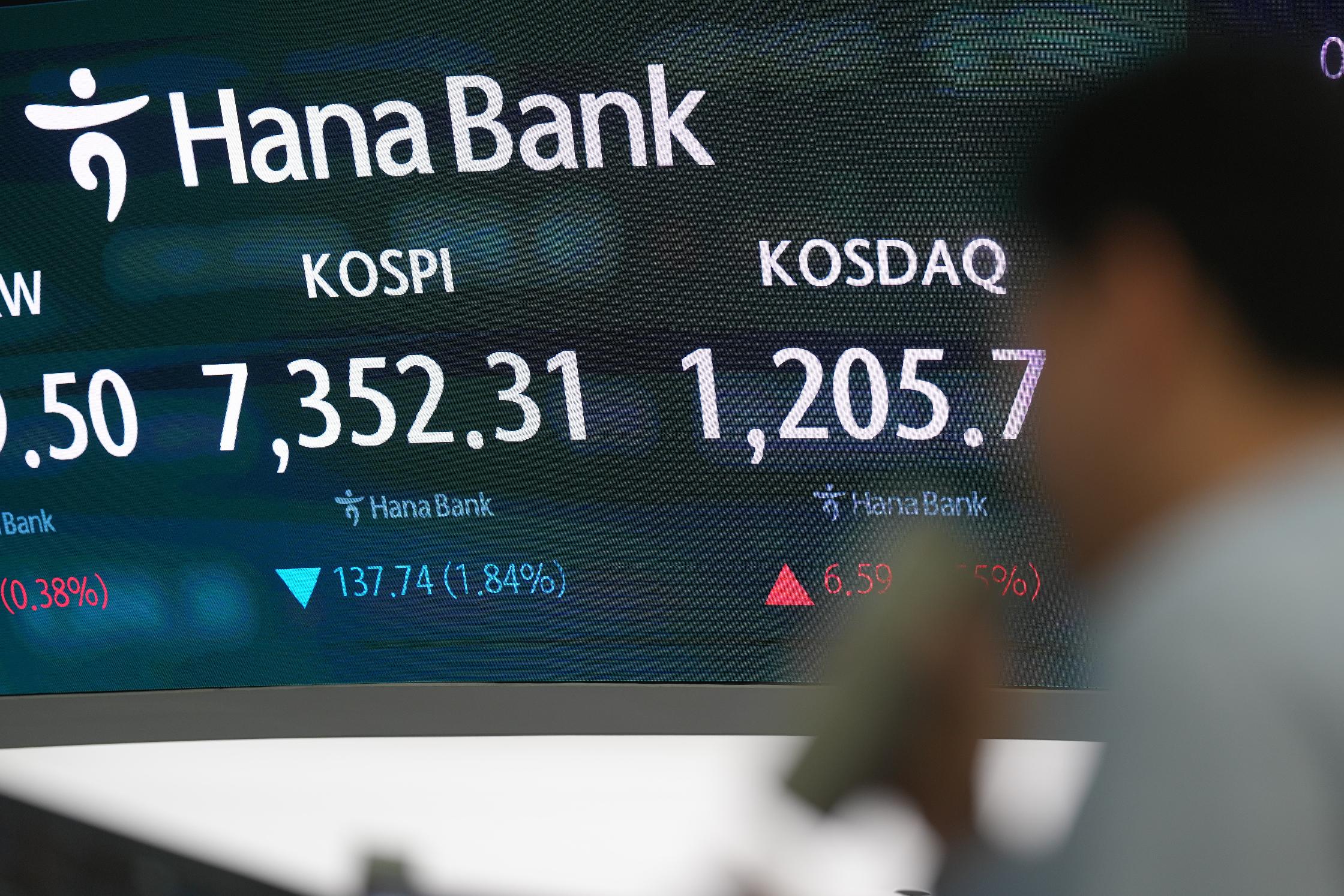 A dealer walks past near the screen showing the Korea Composite Stock Price Index (KOSPI) and the Korean Securities Dealers Automated Quotations (KOSDAQ) at a dealing room of Hana Bank in Seoul, South Korea, Friday, May 8, 2026. (AP Photo/Lee Jin-man)