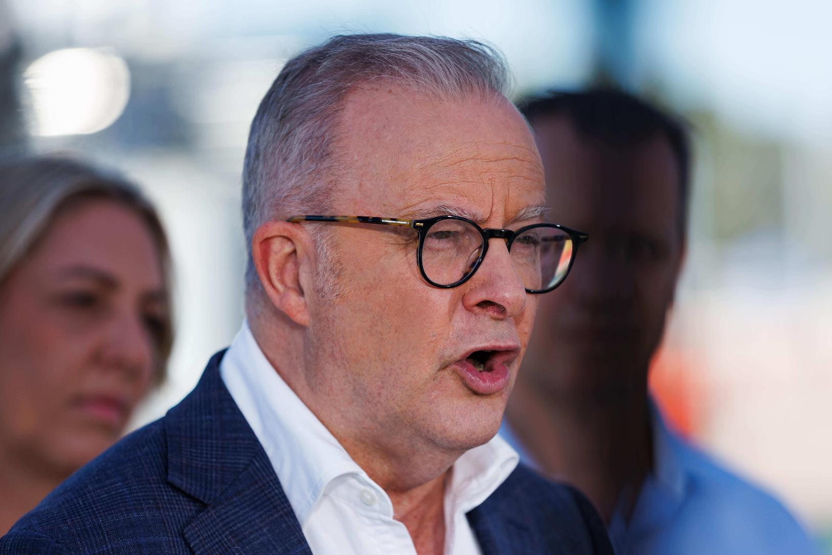 Australian Prime Minister Anthony Albanese speaks during a press conference at the Ampol Lytton Refinery, in Brisbane, Thursday, April 9, 2026. (Russell Freeman/AAP Image via AP)