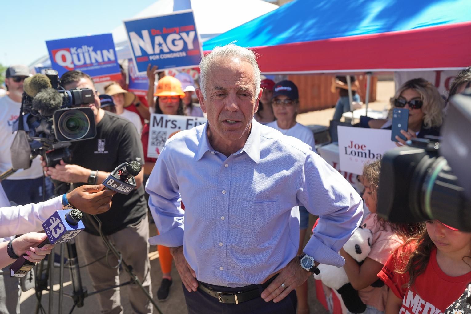 FILE - Nevada Gov. Joe Lombardo talks to reporters outside a vote center June 9, 2026, in Las Vegas. (AP Photo/Jae C. Hong, File)