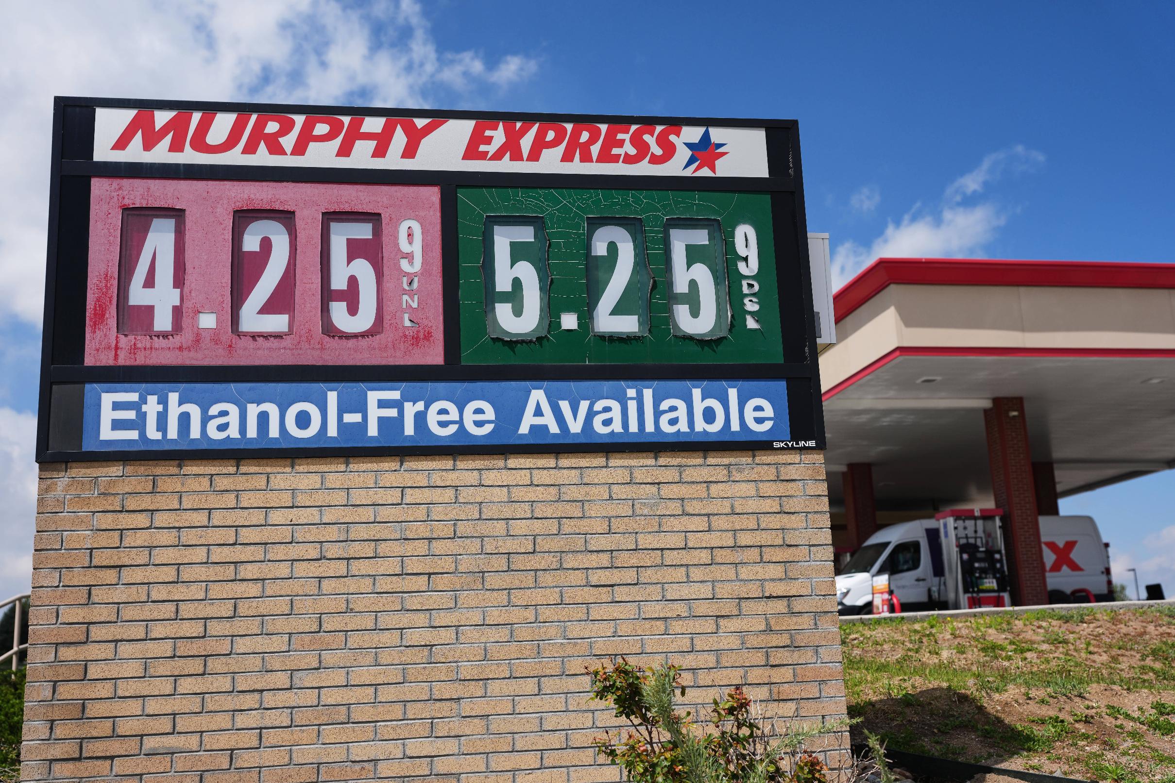 The per-gallon prices for regular unleaded and diesel fuel are displayed on a sign outside a Murphy Express gasoline station, Tuesday, April 28, 2026, in Centennial, Colo. (AP Photo/David Zalubowski)