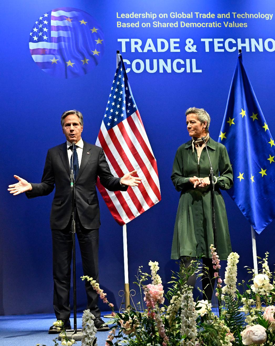 US Secretary of State Antony Blinken and EU Commissioner for Competitiveness Margrethe Vestager during a final press conference at a Trade and Technology Conference, in in Lulea, Sweden, Wednesday, May 31, 2023. (Jonas Ekstromer/TT News Agency via AP)