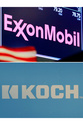 FILE - This photo combination shows logos for ExxonMobil at the New York Stock Exchange, April 23, 2018 and an advertising sign for Koch Industries in Boston, July 30, 2019. (AP Photo/Richard Drew, Charles Krupa, File)