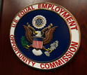 FILE - The emblem of the U.S. Equal Employment Opportunity Commission (EEOC) is displayed on a podium in Vail, Colo., Feb. 16, 2016. (AP Photo/David Zalubowski, File)