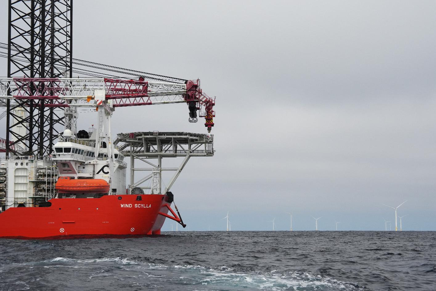 FILE - A vessel is visible near Sunrise Wind offshore wind farm that is under construction off the coast of Montauk Point, New York, April 23, 2026. (AP Photo/Joshua A. Bickel, File)