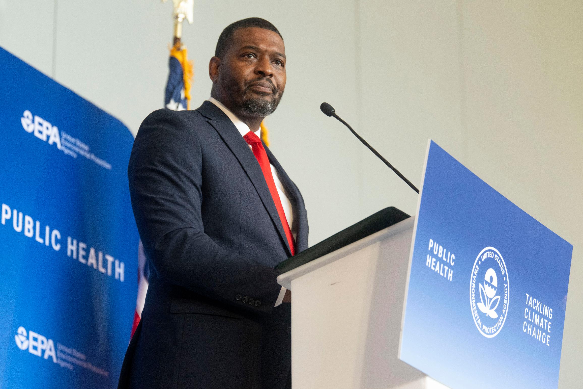 Environmental Protection Agency Administrator Michael Regan announces final standards to reduce pollution from power plants during an event at Howard University on Thursday, April 25, 2024, in Washington. (AP Photo/Kevin Wolf)