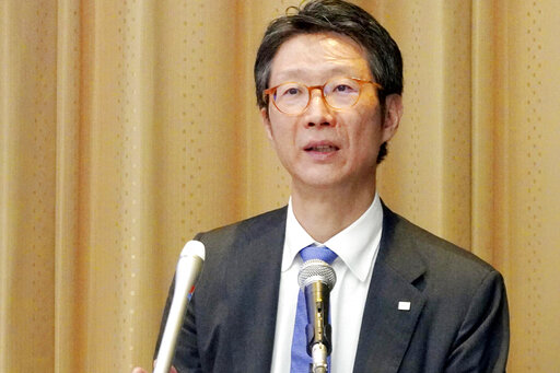 FILE - Then Toshiba executive officer Taro Shimada speaks during a press conference on Nov. 5, 2019, in Tokyo. Toshiba shareholders approved 13 nominated directors to its board Tuesday,  June 28, 2022, as the Japanese technology giant struggles to restore its one-time glory and set a clear leadership direction.  Chief Executive Shimada, who oversaw the annual shareholders’ meeting in Tokyo, said the majority had voted to OK that plan.  (Kyodo News via AP, File)