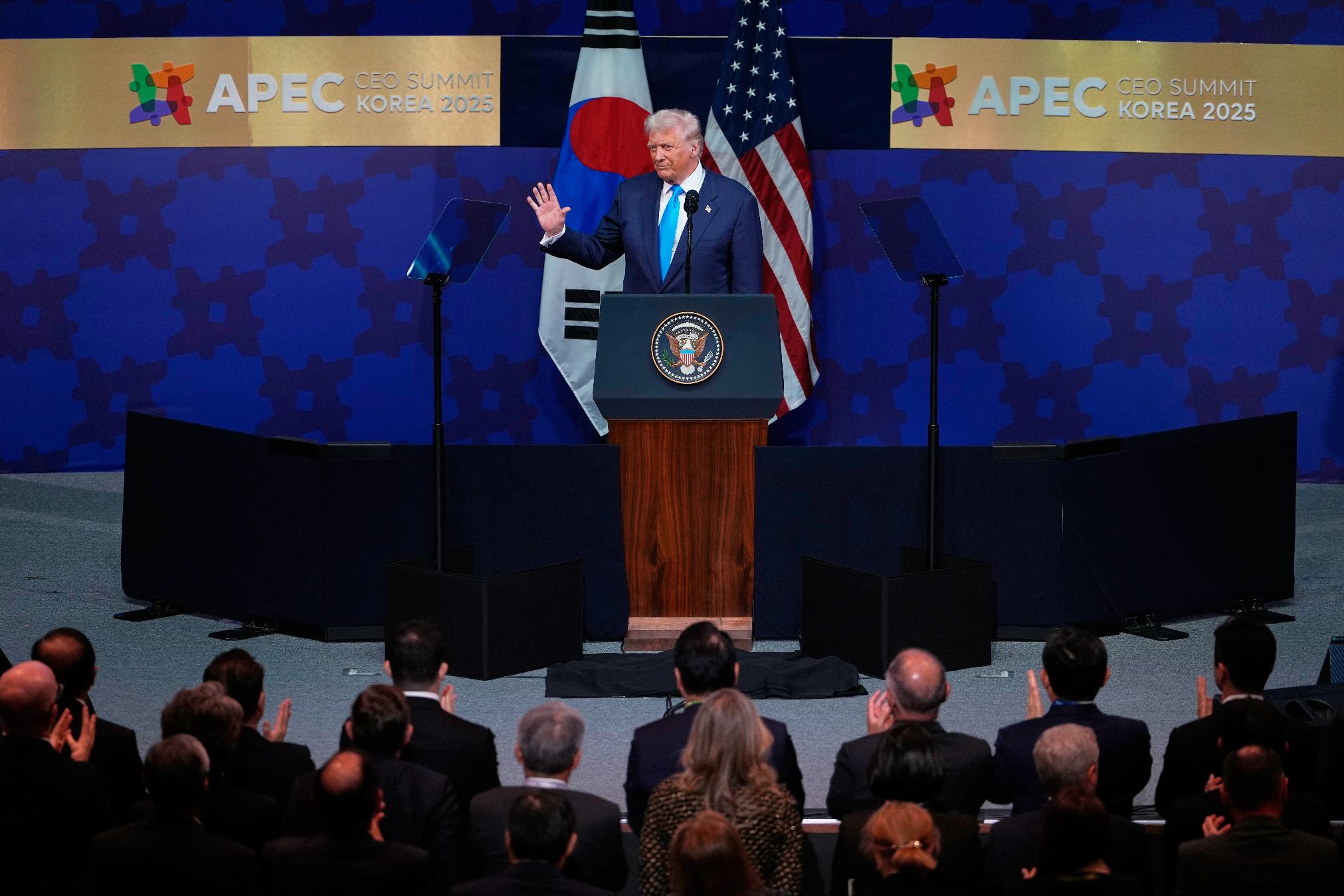 United States President Donald Trump waves after speaking at the Asia-Pacific Economic Cooperation (APEC) CEO summit in Gyeongju, South Korea, Wednesday, Oct. 29, 2025. (AP Photo/Ng Han Guan)