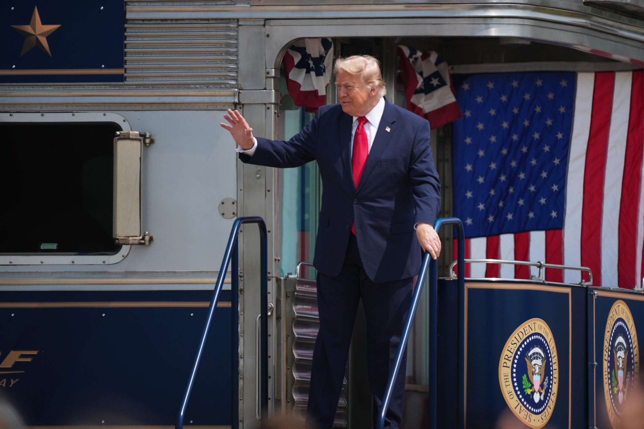 President Donald Trump arrives at the opening of the Theodore Roosevelt Presidential Library on the Freedom 250 train, Wednesday, July 1, 2026, in Medora, N.D. (AP Photo/Matt Rourke)