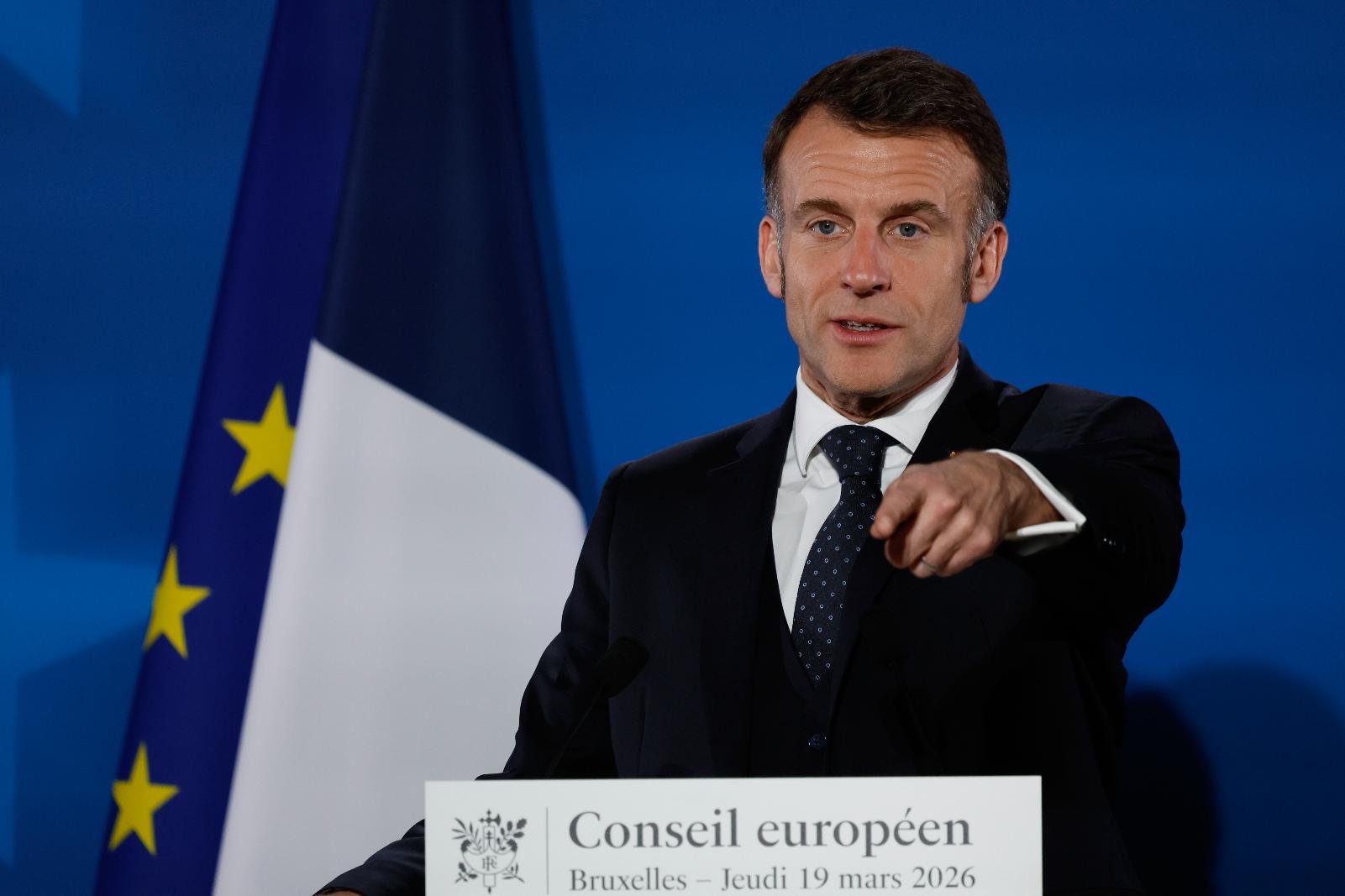 French President Emmanuel Macron speaks during a media conference at the conclusion of an EU summit in Brussels, Friday, March 20, 2026. (AP Photo/Geert Vanden Wijngaert)