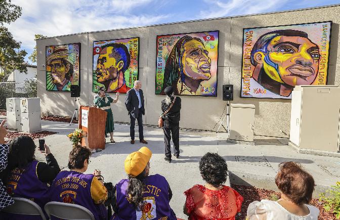 National City mayor Alejandra Sotelo-Solis speaks during the dedication of a civil rights leaders mural at San Ysidro Health-South Bay health care clinic, Nov. 22, 2022, in National City, Calif. (Eduardo Contreras/The San Diego Union-Tribune via AP)