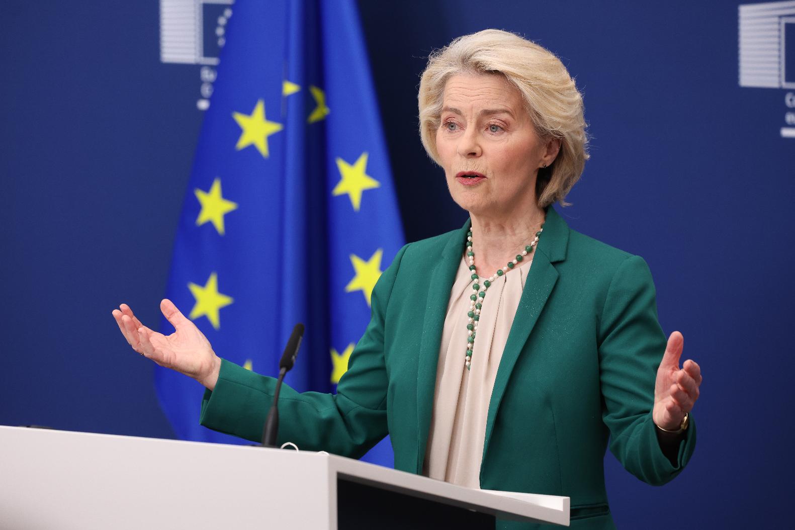 European Commission President Ursula von der Leyen speaks during a media conference at EU headquarters in Brussels, Wednesday, April 15, 2026. (AP Photo/Omar Havana)
