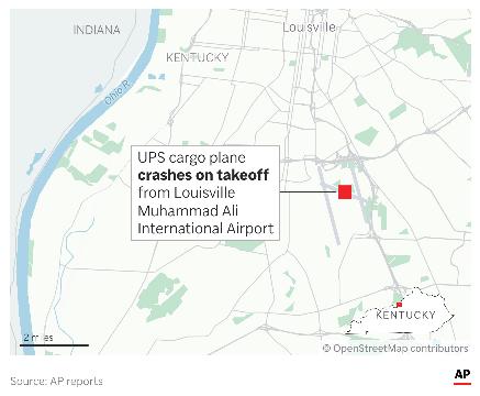 A UPS cargo plane crashed and exploded in a massive fireball Tuesday while taking off from the company’s global aviation hub in Louisville, Kentucky, killing at least three people and injuring 11. (AP Digital Embed)