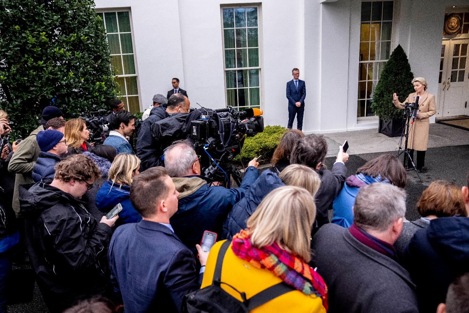 European Commission President Ursula von der Leyen speaks to members of the media outside the West Wing after meeting with President Joe Biden at the White House in Washington, Friday, March 10, 2023. (AP Photo/Andrew Harnik)
