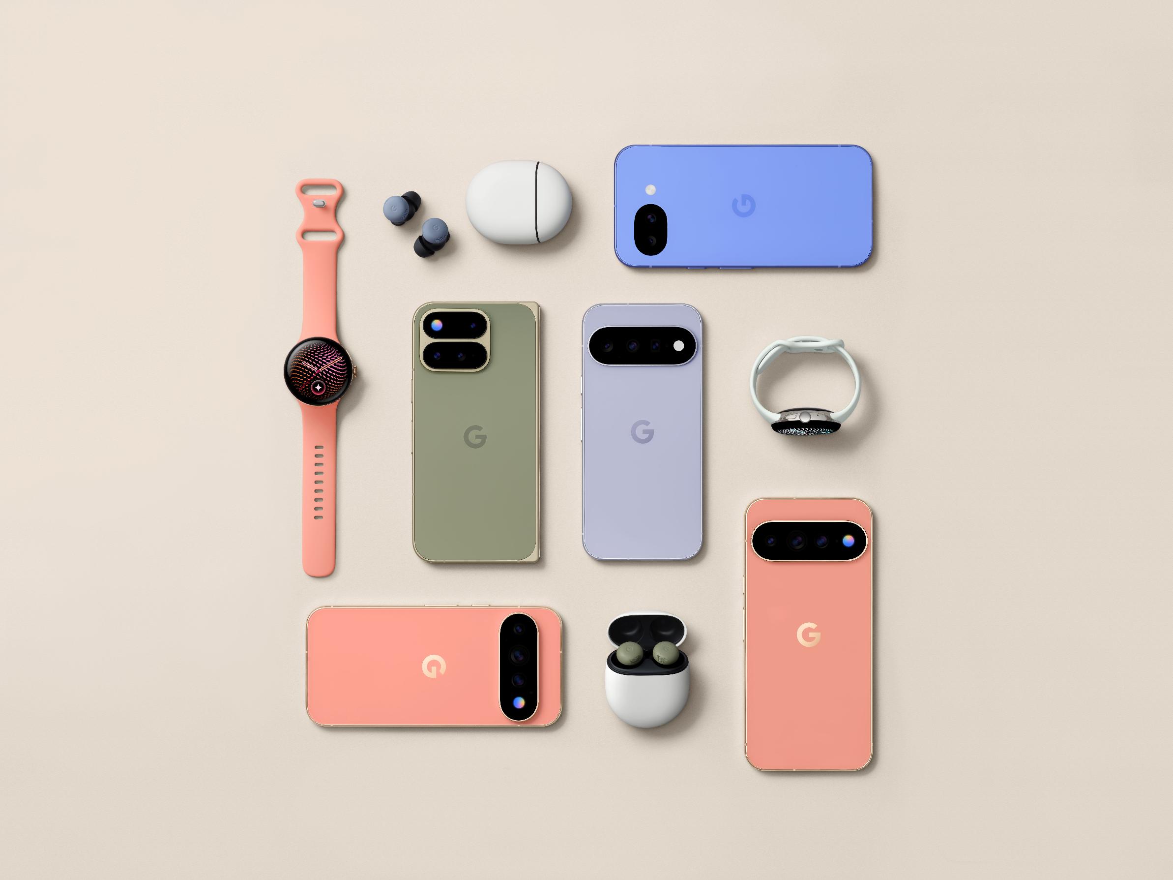 This image provided by Google in August 2026 shows its lineup of Pixel 11 phones, the Pixel Watch 5 and ear buds. (Google via AP)