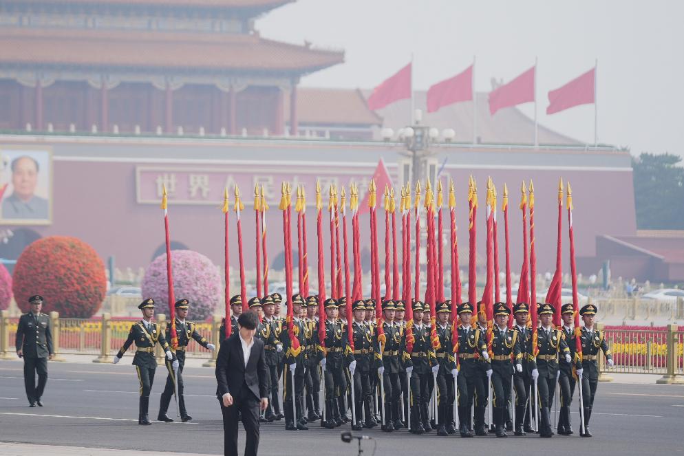 Members of the military rehearse before President Donald Trump is greeted by Chinese President Xi Jinping at a welcome ceremony at the Great Hall of the People, Thursday, May 14, 2026, in Beijing. (AP Photo/Mark Schiefelbein)