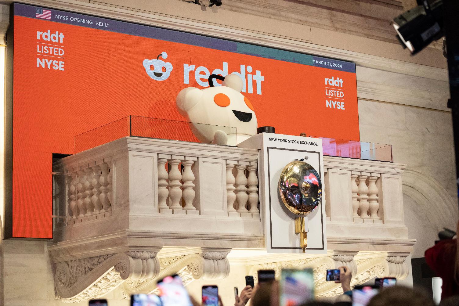 FILE - Reddit mascot Snoo rings the New York Stock Exchange opening bell, prior to the company's IPO, Thursday, March. 21, 2024. (AP Photo/Yuki Iwamura, File)