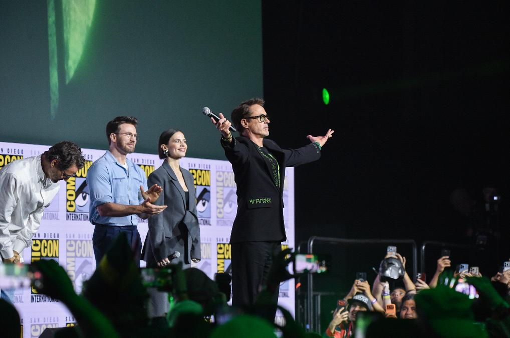 Pedro Pascal, from left, Chris Evans, Hayley Atwell, and Robert Downey Jr. attend a panel for Marvel Studios during Comic-Con International on Saturday, July 25, 2026, in San Diego. (Photo by Richard Shotwell/Invision/AP)