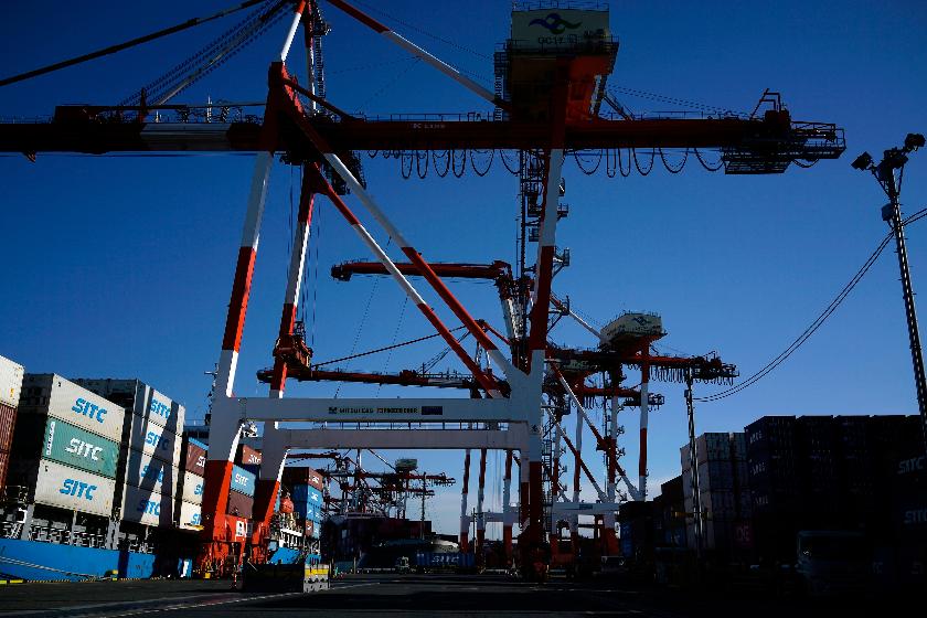 Tokyo container terminal is pictured in Tokyo on Feb. 19, 2025. (AP Photo/Eugene Hoshiko)