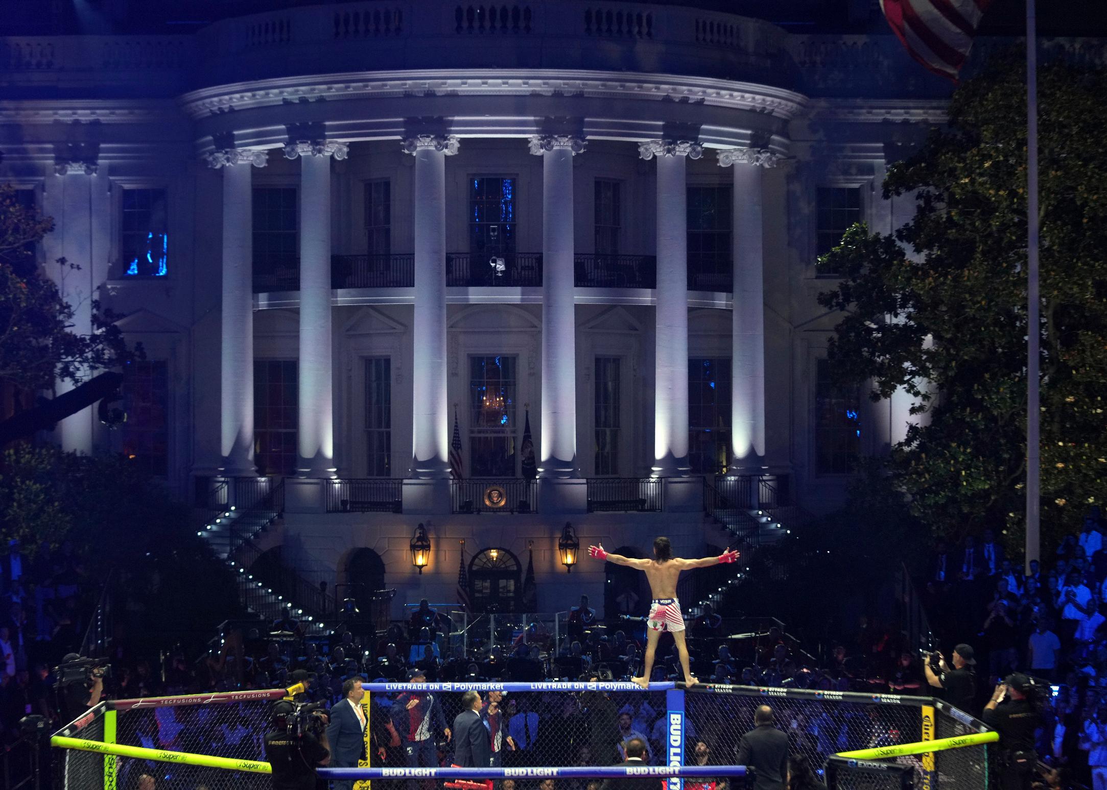 Diego Lopes celebrates during a featherweight bout against Steve Garcia during UFC Freedom 250 on the South Lawn of the White House, Sunday, June 14, 2026, in Washington. (AP Photo/Mark Schiefelbein)