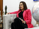 Cyprus Energy Minister Natasa Pilides speaks to the Associated Press in an interview at her office in the capital Nicosia, on Wednesday, Oct. 13, 2021. Cyprus’ energy minister says ExxonMobil’s drilling slated to start in 6-8 weeks to confirm how much natural gas is contained in a sizable deposit off the island nation’s southwestern coast will map out how the fuel will reach potential markets in Europe and Asia. (AP Photo/Philippos Christou)