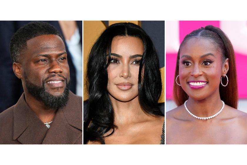 In this combination photo, Kevin Hart attends the "Lift" premiere in New York on Jan. 8, 2024, left, Kim Kardashian attends the SNL50: The Anniversary Special in New York on Feb. 16, 2025, center, and Issa Rae appears at the premiere of "Barbie" in London on July 12, 2023. (AP Photo)
