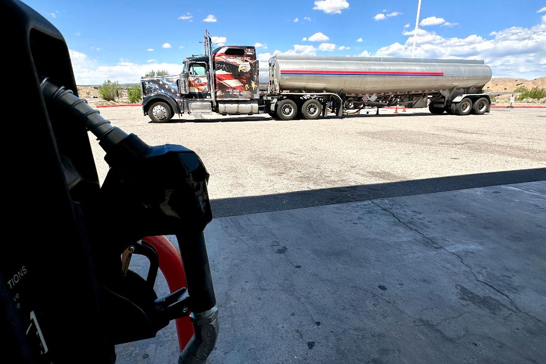 A tanker truck delivers more fuel to a tribally owned gas station along Interstate 25 near San Felipe Pueblo, New Mexico, on Thursday, April 9, 2026. (AP Photo/Susan Montoya Bryan)