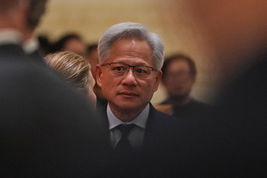 Nvidia CEO Jensen Huang prior to a state dinner with President Donald Trump and Chinese President Xi Jinping at the Great Hall of the People on Thursday May 14, 2026, in Beijing. (AP Photo/Mark Schiefelbein)
