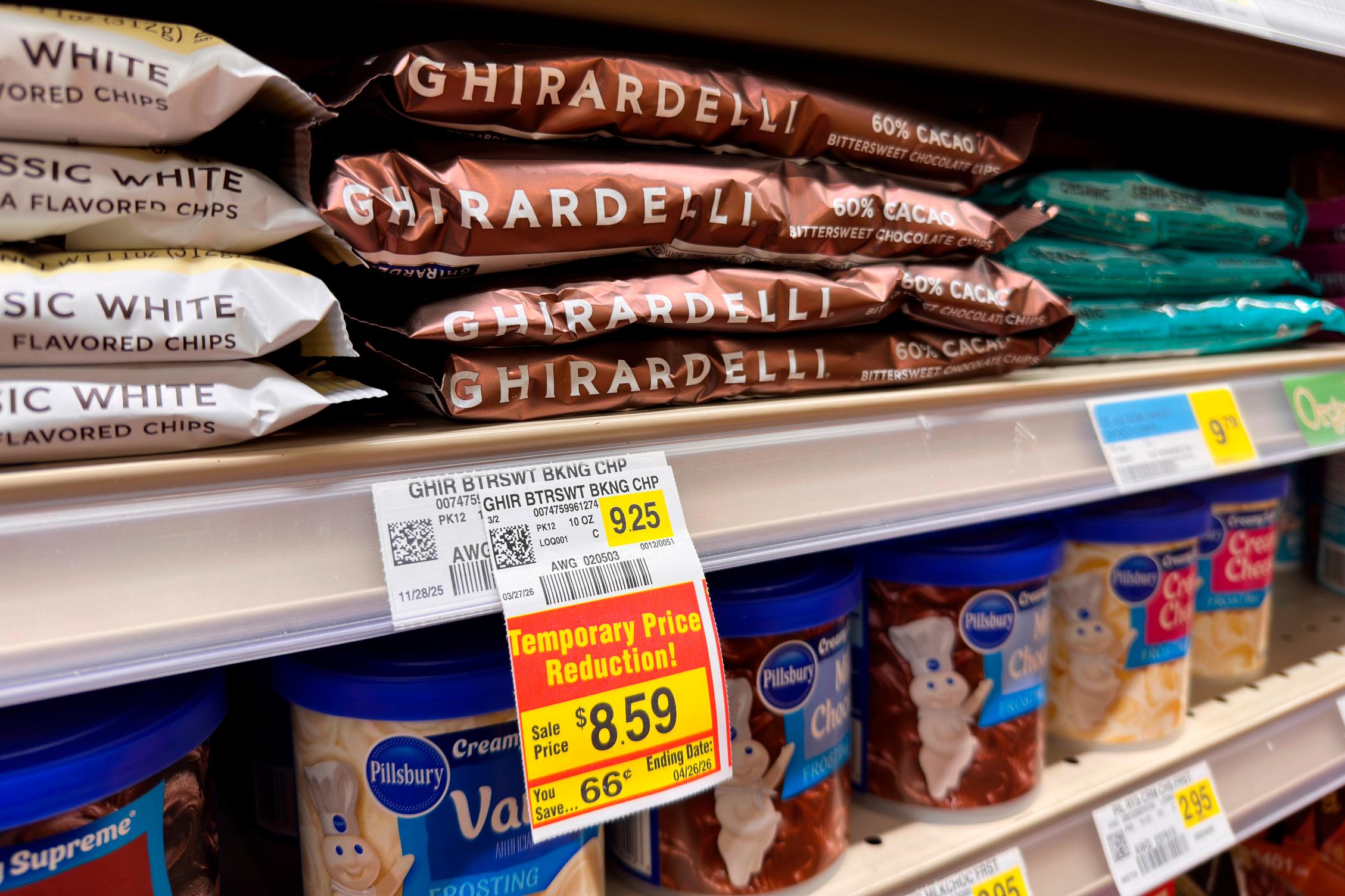 Chocolate is displayed for sale at a grocery store Wednesday, April 29, 2026, in Chicago. (AP Photo/Erin Hooley)
