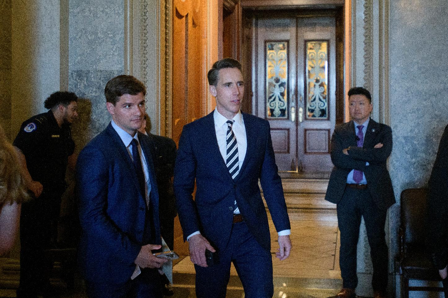 Sen. Josh Hawley, R-Mo., walks from the Senate chamber as Senate Republicans vote on President Donald Trump's request to cancel about $9 billion in foreign aid and public broadcasting spending, at the Capitol in Washington, Wednesday, July 16, 2025. (AP Photo/Rod Lamkey, Jr.)