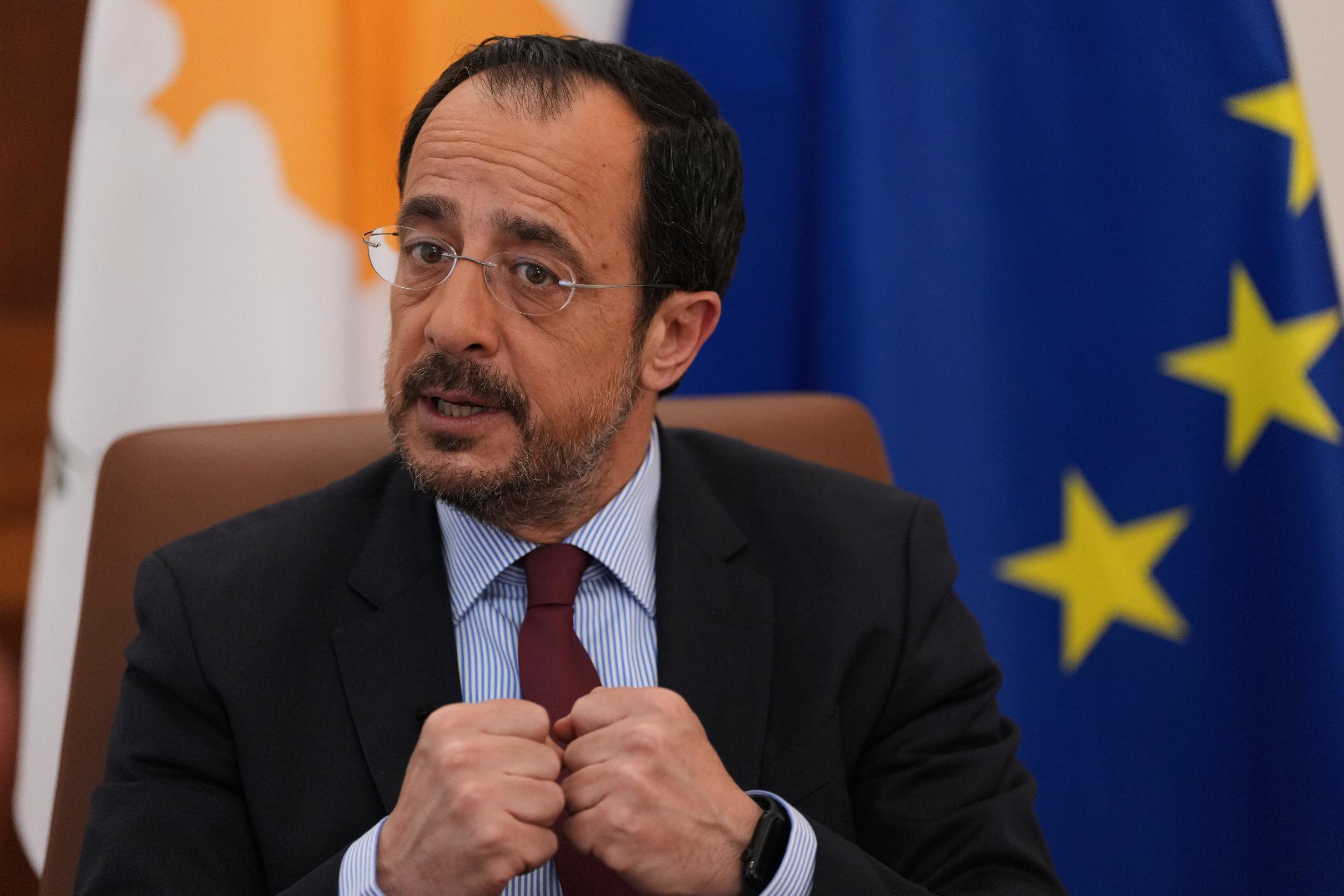 Cypriot President Nikos Christodoulides gestures as he speaks during an Associated Press interview ahead of this week's major EU-Middle East summit, at the presidential palace in the capital Nicosia, Cyprus, Tuesday, April 21, 2026. (AP Photo/Petros Karadjias)