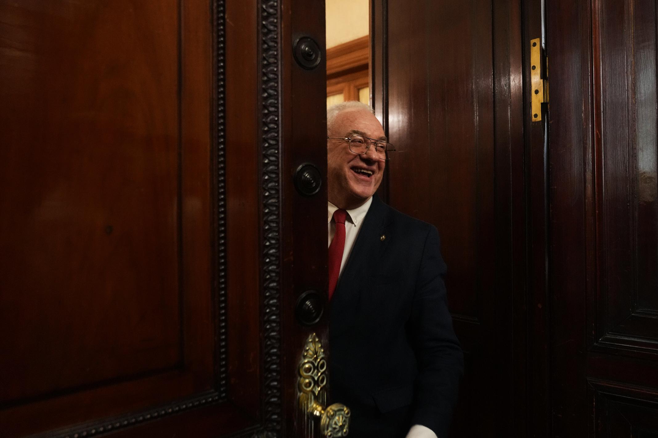 Mario Lubetkin, Minister of Foreign Affairs of Uruguay, smiles after lawmakers approved the EU–Mercosur agreement at Congress in Montevideo, Uruguay, Thursday, Feb. 26, 2026. (AP Photo/Matilde Campodonico)
