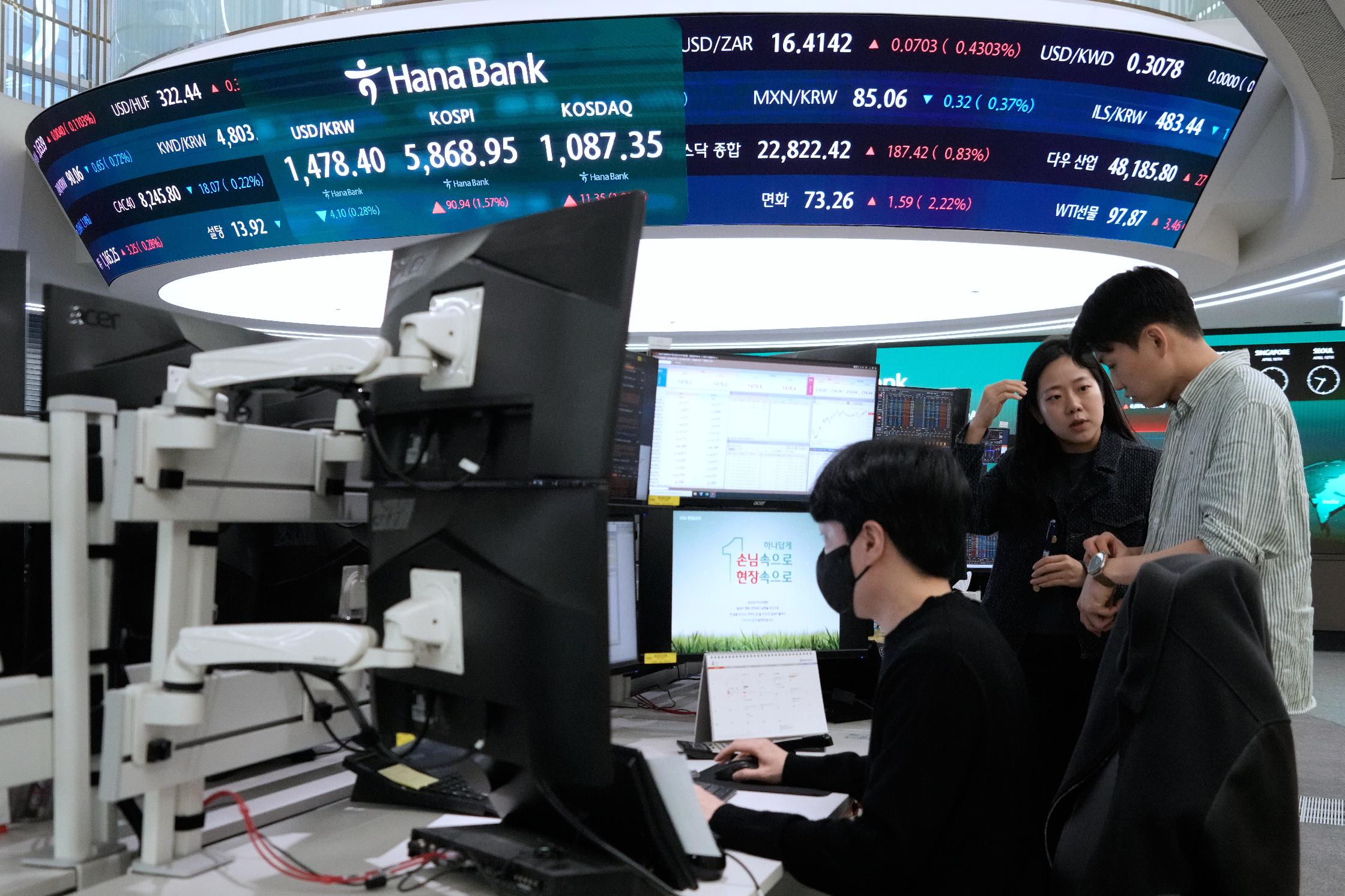 Currency traders work near a screen showing the Korea Composite Stock Price Index (KOSPI), top center, and the foreign exchange rate between U.S. dollar and South Korean won, top center left, at the foreign exchange dealing room of the Hana Bank headquarters, in Seoul, South Korea, Friday, April 10, 2026. (AP Photo/Ahn Young-joon)