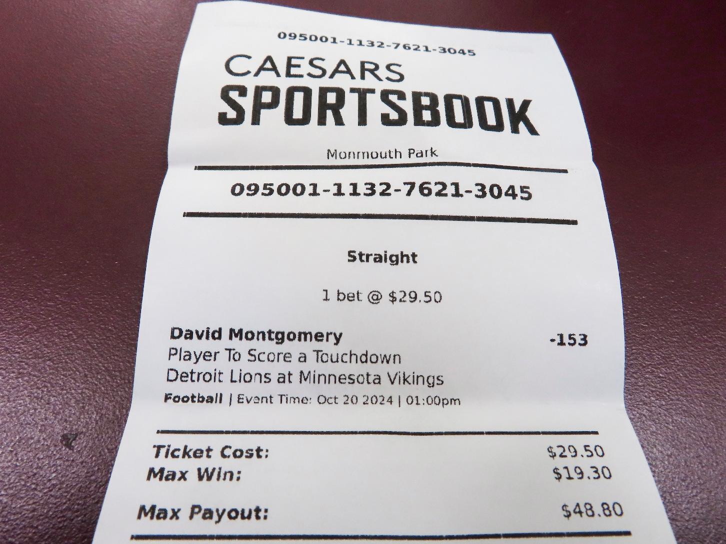 A losing sports betting ticket is seen in Trenton, N.J., Thursday, Oct. 24, 2024. (AP Photo/Wayne Parry)
