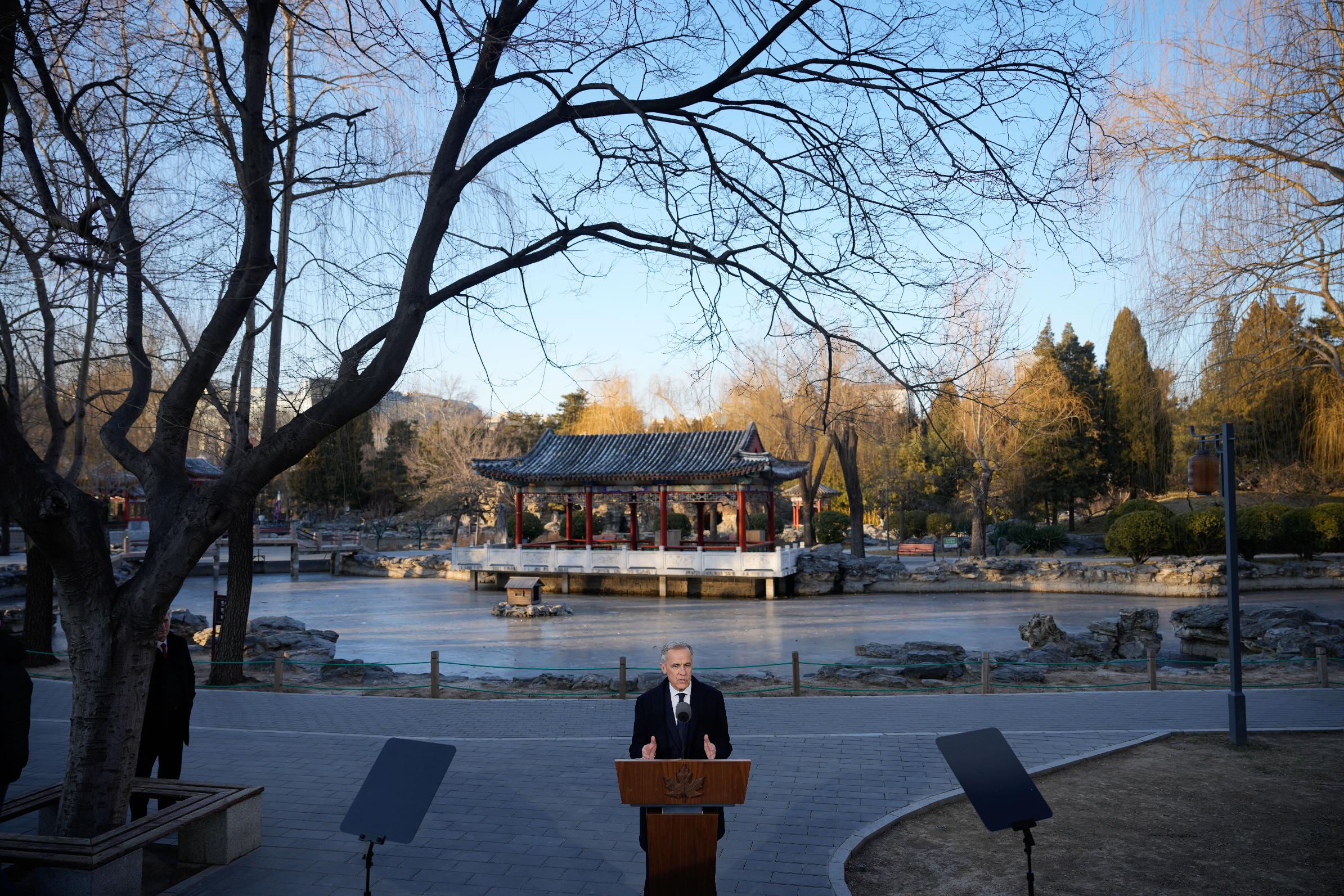 Canada's Prime Minister Mark Carney, speaks to the media at Ritan Park in Beijing, China, Friday, Jan. 16, 2026. (AP Photo/Vincent Thian)