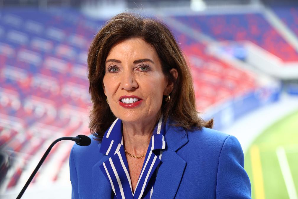 FILE - New York Gov. Kathy Hochul speaks following a ribbon cutting ceremony at the new Bills Highmark Stadium in Orchard Park, N.Y., Tuesday, June 23, 2026. (AP Photo/Jeffrey T. Barnes, file)