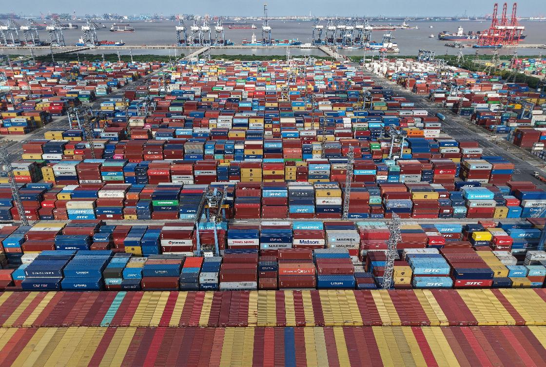 An aerial view of a container terminal in seen in Shanghai, Tuesday, March 10, 2026. (Chinatopix via AP)