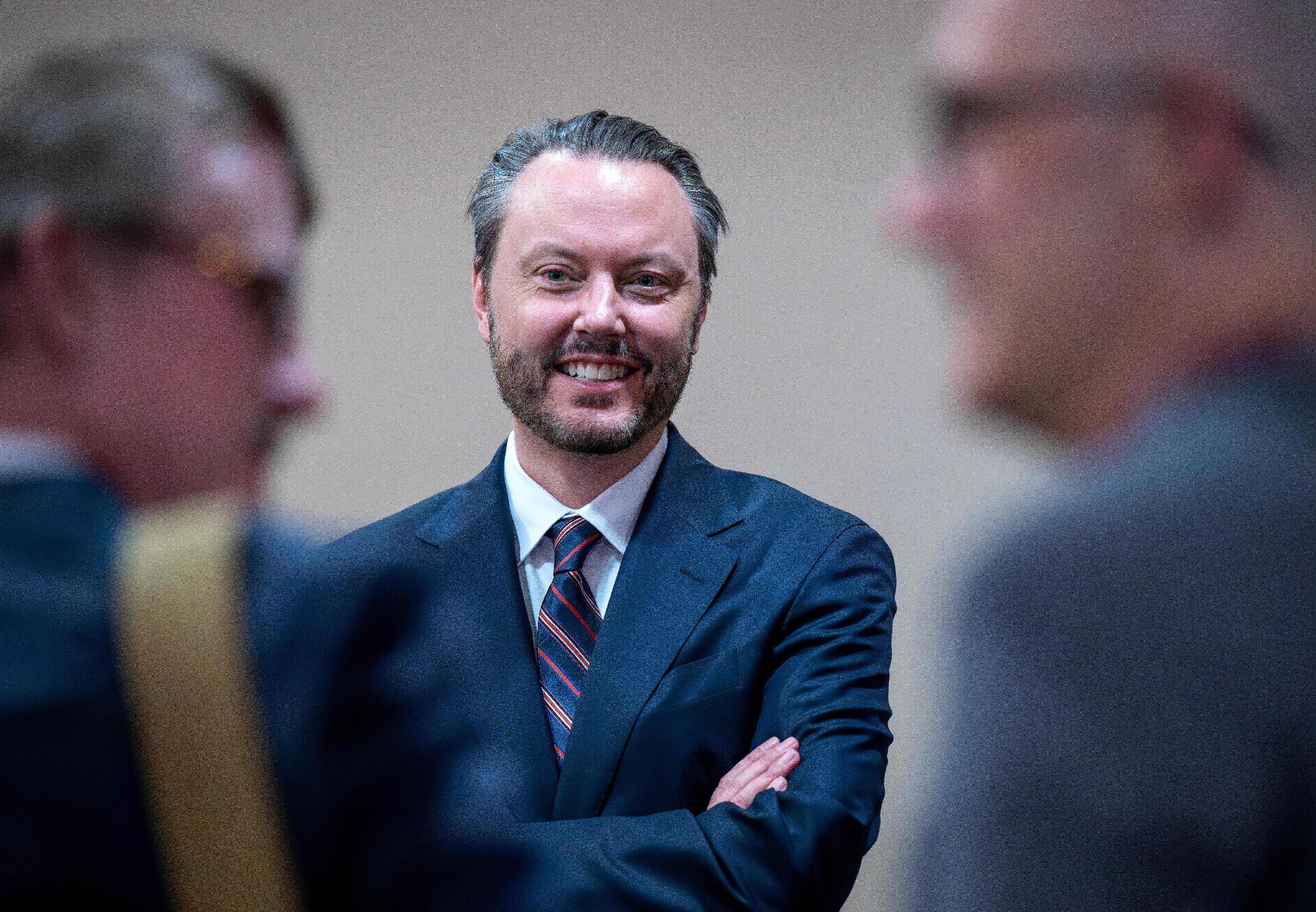Kevin Huff, an attorney for Meta, talks with other attorneys after closing arguments, Monday, March 23, 2026, in state court, in Santa Fe, N.M., in a trial where the social media conglomerate is accused of misleading its users about how safe its platforms are for children. (Eddie Moore/The Albuquerque Journal via AP, Pool)