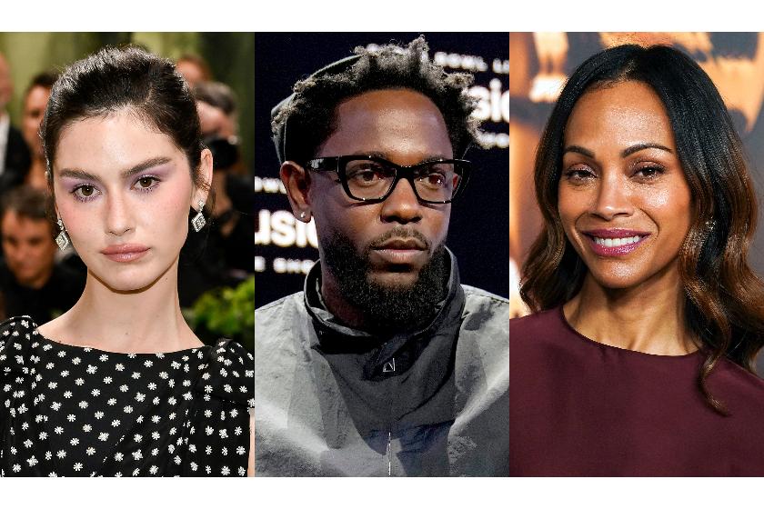 Gracie Abrams appears at The Metropolitan Museum of Art's Costume Institute benefit gala in New York on May 6, 2024, left, Kendrick Lamar appears at a news conference in New Orleans on Feb. 6, 2025, center, and Zoe Saldana appears at the Oscars Nominees Dinner in Los Angeles on Feb. 25, 2025. (AP Photo)