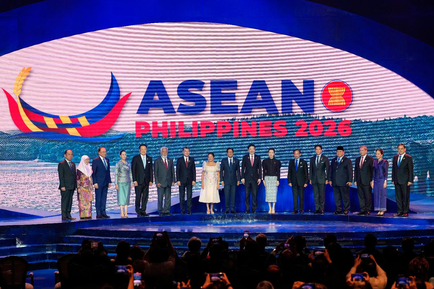 From left, Myanmar's Permanent Secretary of the Ministry of Foreign Affairs Hau Khan Sum, Malaysia's first lady Wan Azizah Wan Ismail, Malaysia's Prime Minister Anwar Ibrahim, Thailand's prime minister's wife Thananon Niramit, Thailand's Prime Minister Anutin Charnvirakul, East Timor's Prime Minister Xanana Gusmao, Vietnam's Prime Minister Le Minh Hung, Philippines first lady Maria Louise Marcos, Philippine President Ferdinand Marcos Jr., Singapore's Prime Minister Lawrence Wong, his wife Loo Tze Lui, Brunei's Sultan Hassanal Bolkiah, his son Prince Abdul Mateen, Indonesia's President Prabowo Subianto, Cambodia's Prime Minister Hun Manet, his wife Pich Chanmony and Laos' Prime Minister Sonexay Siphandone pose for a group photo during the opening ceremony of the 48th ASEAN Summit and Related Meetings in Cebu, Philippines on Friday, May 8, 2026. (AP Photo/Aaron Favila, Pool)