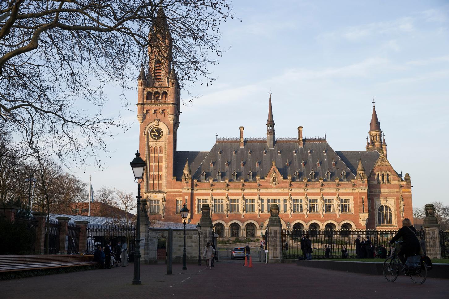 FILE - Exterior view of the Peace Palace, which houses the International Court of Justice, or World Court, in The Hague, Netherlands, Monday, Feb. 18, 2019. (AP Photo/Peter Dejong, File)
