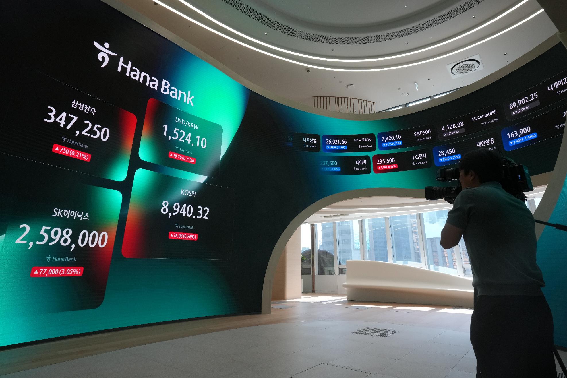 A TV cameraman films the screens showing the Korea Composite Stock Price Index (KOSPI) and the foreign exchange rate between U.S. dollar and South Korean won at a dealing room of Hana Bank in Seoul, South Korea, Thursday, June 18, 2026. (AP Photo/Lee Jin-man)