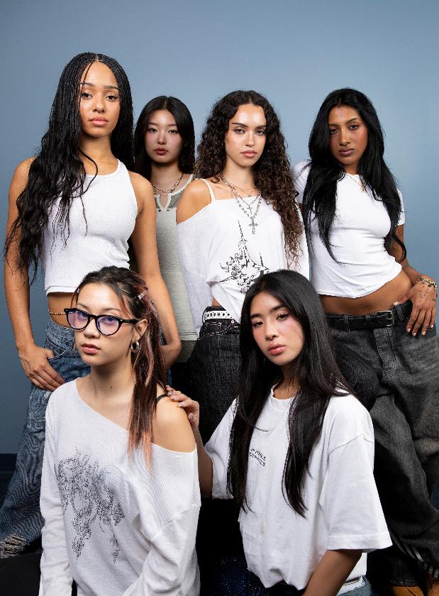 Manon Bannerman, back row from left, Yoonchae, Daniela Avanzini, and Lara Raj, front row from left, Megan Skiendiel and Sophia Laforteza, of KATSEYE pose for a portrait on Wednesday, Sept. 3, 2025, in Los Angeles. (Photo by Rebecca Cabage/Invision/AP)
