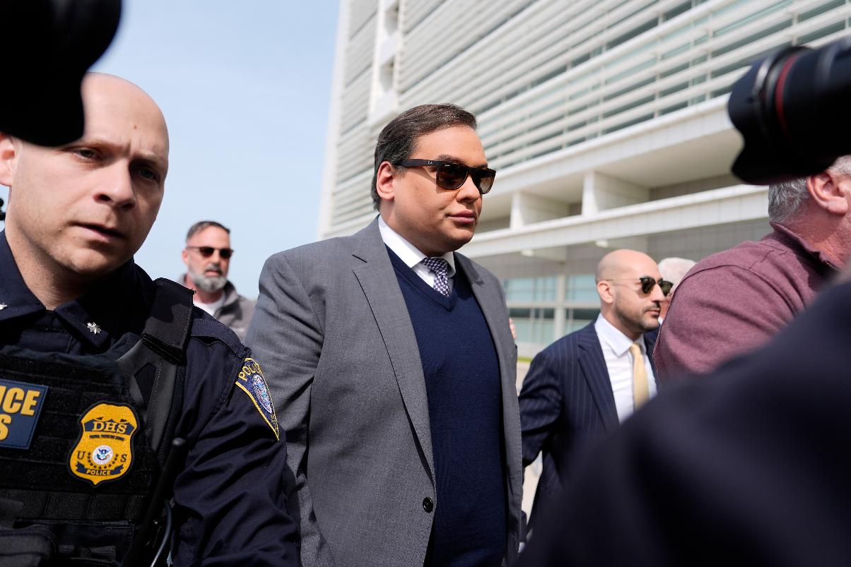 FILE - Former U.S. Rep. George Santos arrives at federal court for sentencing, April 25, 2025, in Central Islip, N.Y. (AP Photo/Julia Demaree Nikhinson, File)