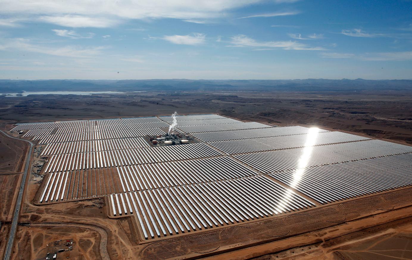 FILE - An aerial view of a solar power plant in Ouarzazate, central Morocco on Feb.4, 2016. (AP Photo/Abdeljalil Bounhar, File)