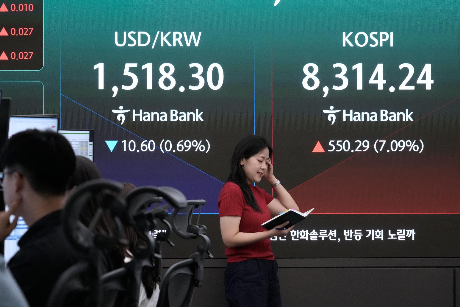 A currency trader passes by a screen showing the Korea Composite Stock Price Index (KOSPI) and the foreign exchange rate between U.S. dollar and South Korean won at the foreign exchange dealing room of the Hana Bank headquarters in Seoul, South Korea, Friday, June 12, 2026. (AP Photo/Ahn Young-joon)