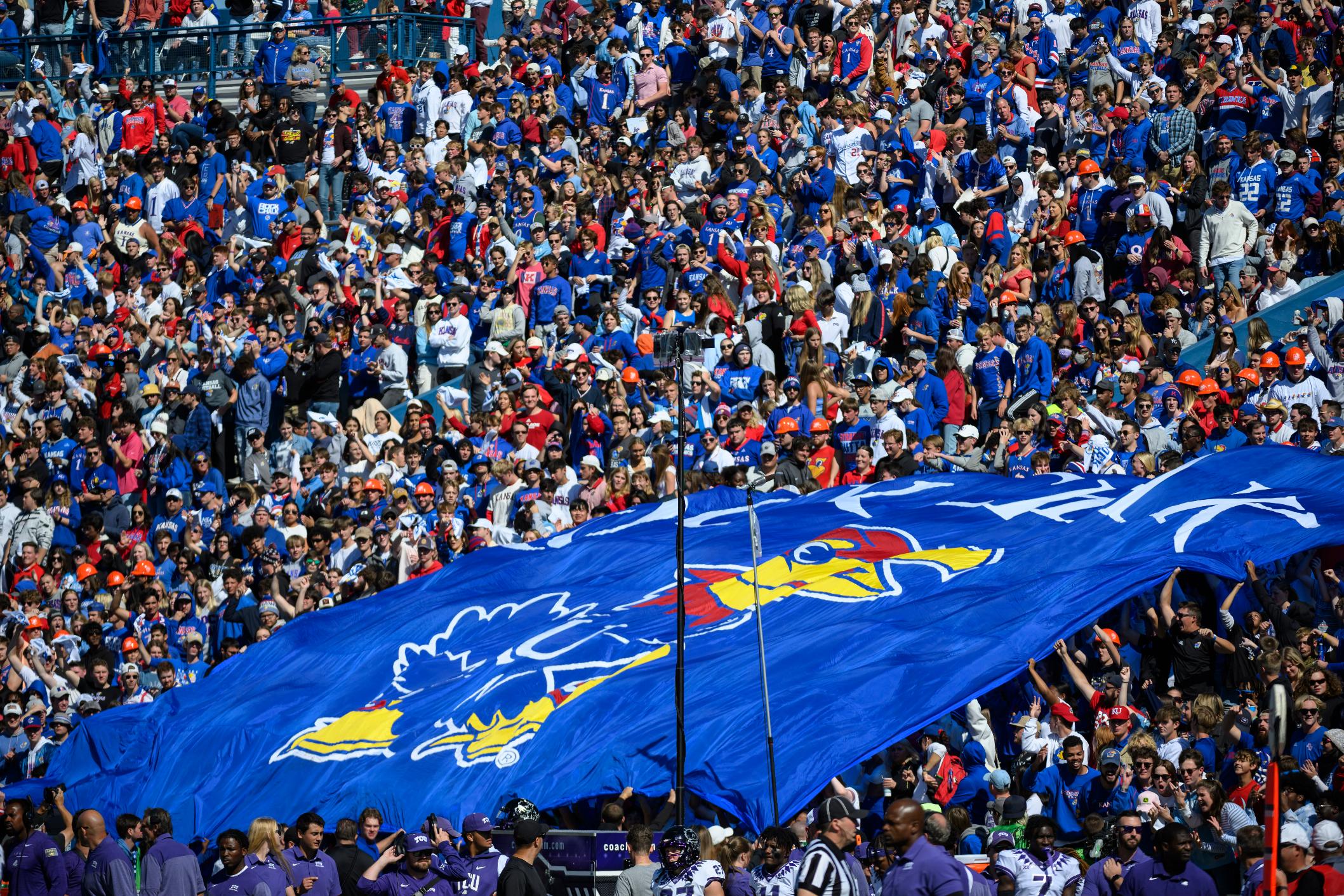 FILE - Kansas fans fill David Booth Kansas Memorial Stadium for the third straight time for an NCAA college football game against TCU, Oct. 8, 2022, in Lawrence, Kan. (AP Photo/Reed Hoffmann, file)